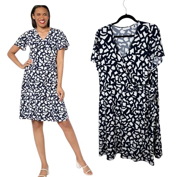 Susan Graver Liquid Knit Faux Wrap Dress Navy Blue White Size XL Petite - Picture 1 of 7